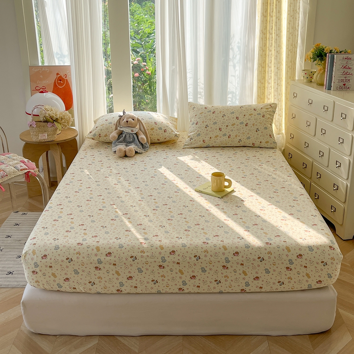 91家纺网 家纺一手货源 找家纺 沐芷 2026 【提供买家秀】双层纱A类床笠单件/床笠三件套  床笠款床罩床垫保护套罩 狗狗派对