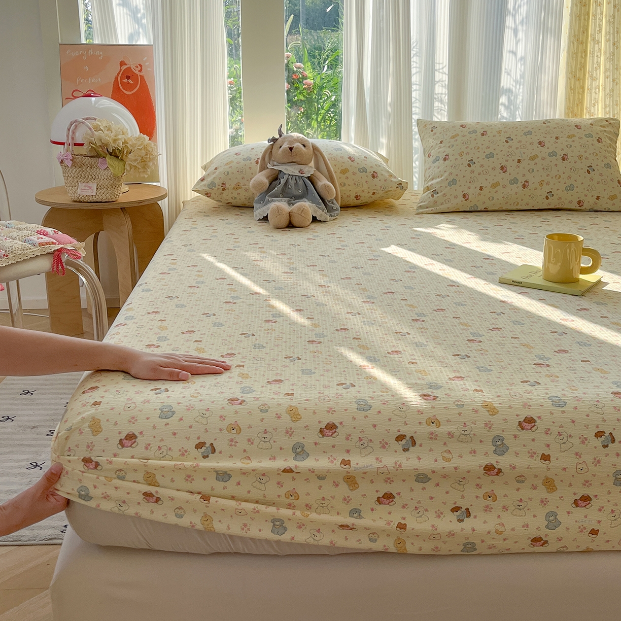 91家纺网 家纺一手货源 找家纺 沐芷 2026 【提供买家秀】双层纱A类床笠单件/床笠三件套  床笠款床罩床垫保护套罩 狗狗派对