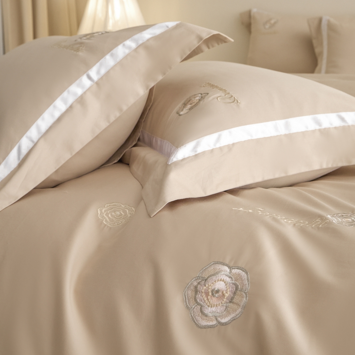 91家纺网 家纺一手货源 找家纺 新方向 2026年刺绣全棉100s贡缎长绒棉纯棉四件套-半夏 半夏-香槟