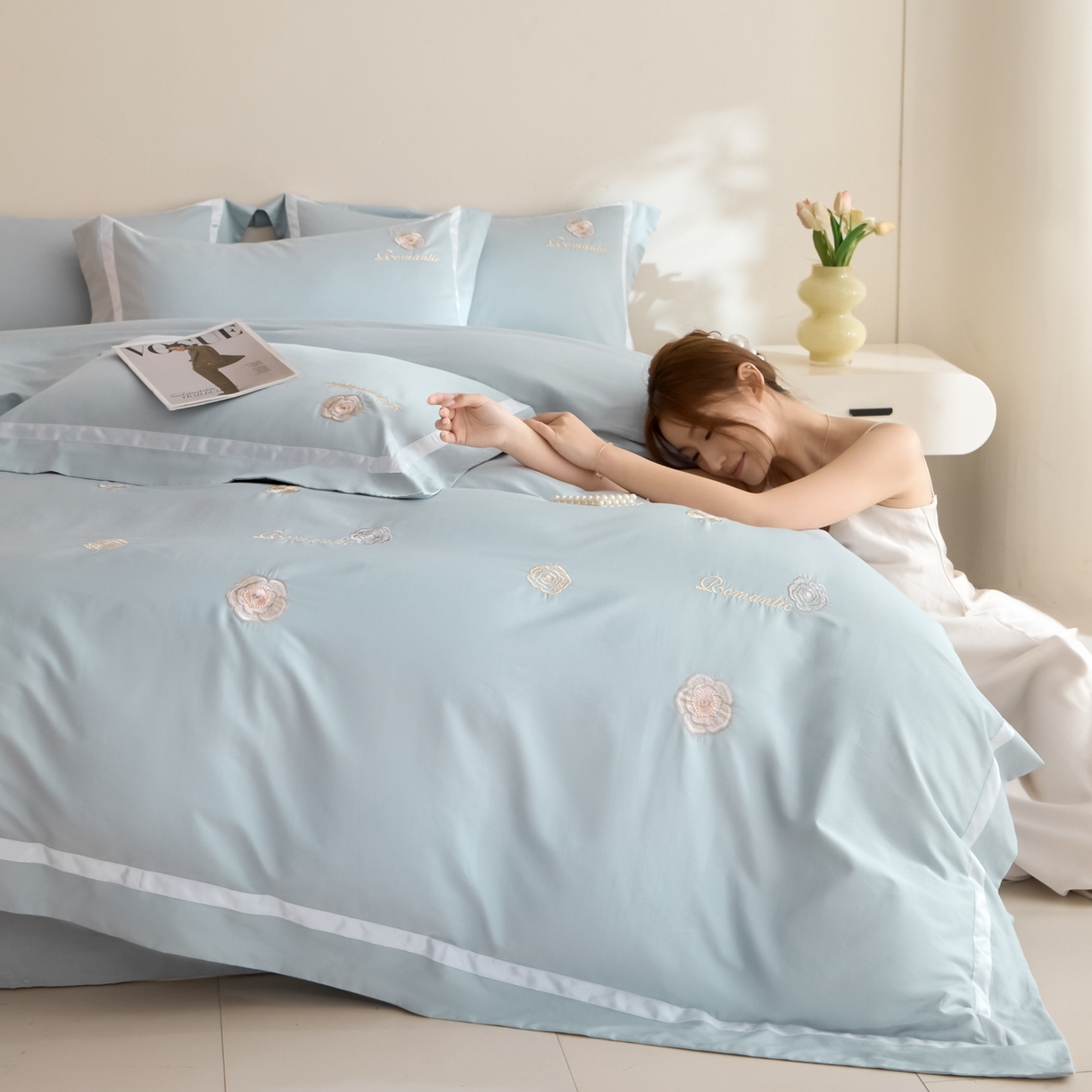 91家纺网 家纺一手货源 找家纺 新方向 2026年刺绣全棉100s贡缎长绒棉纯棉四件套-半夏 半夏-星月蓝