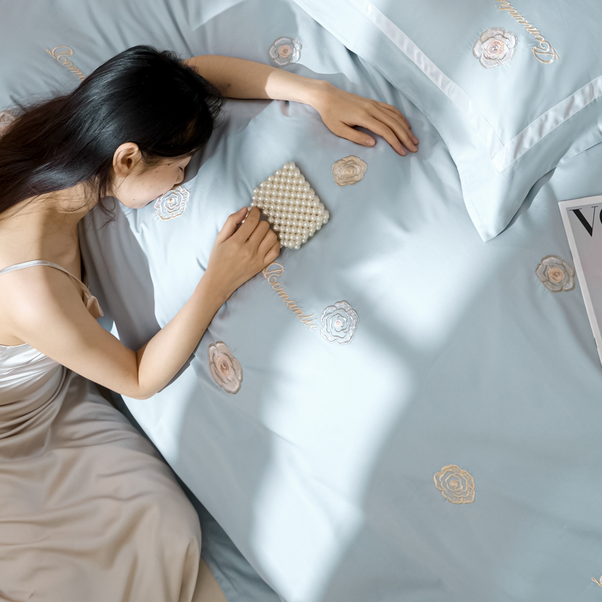 91家纺网 家纺一手货源 找家纺 新方向 2026年刺绣全棉100s贡缎长绒棉纯棉四件套-半夏 半夏-星月蓝