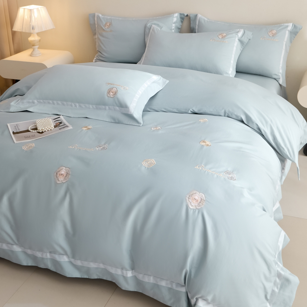 新方向 2026年刺绣全棉100s贡缎长绒棉纯棉四件套-半夏 半夏-星月蓝