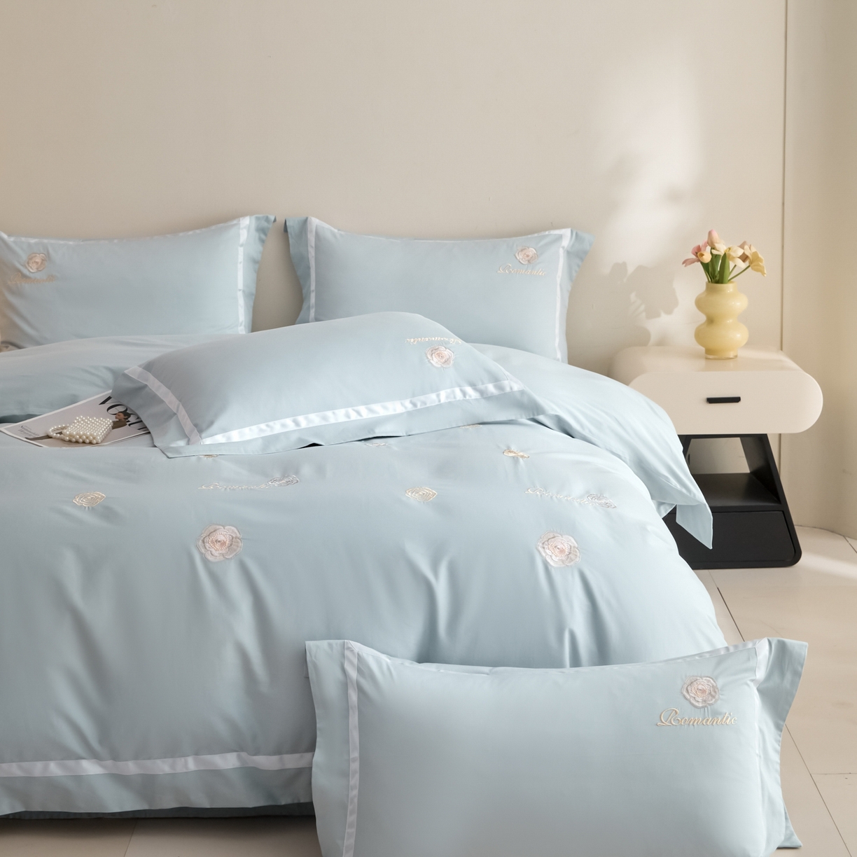 91家纺网 家纺一手货源 找家纺 新方向 2026年刺绣全棉100s贡缎长绒棉纯棉四件套-半夏 半夏-星月蓝