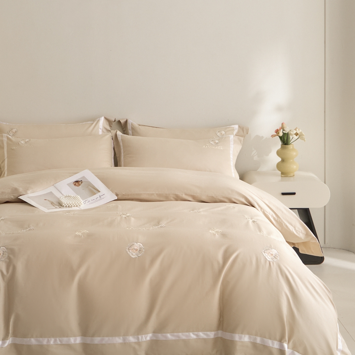 91家纺网 家纺一手货源 找家纺 新方向 2026年刺绣全棉100s贡缎长绒棉纯棉四件套-半夏 半夏-香槟