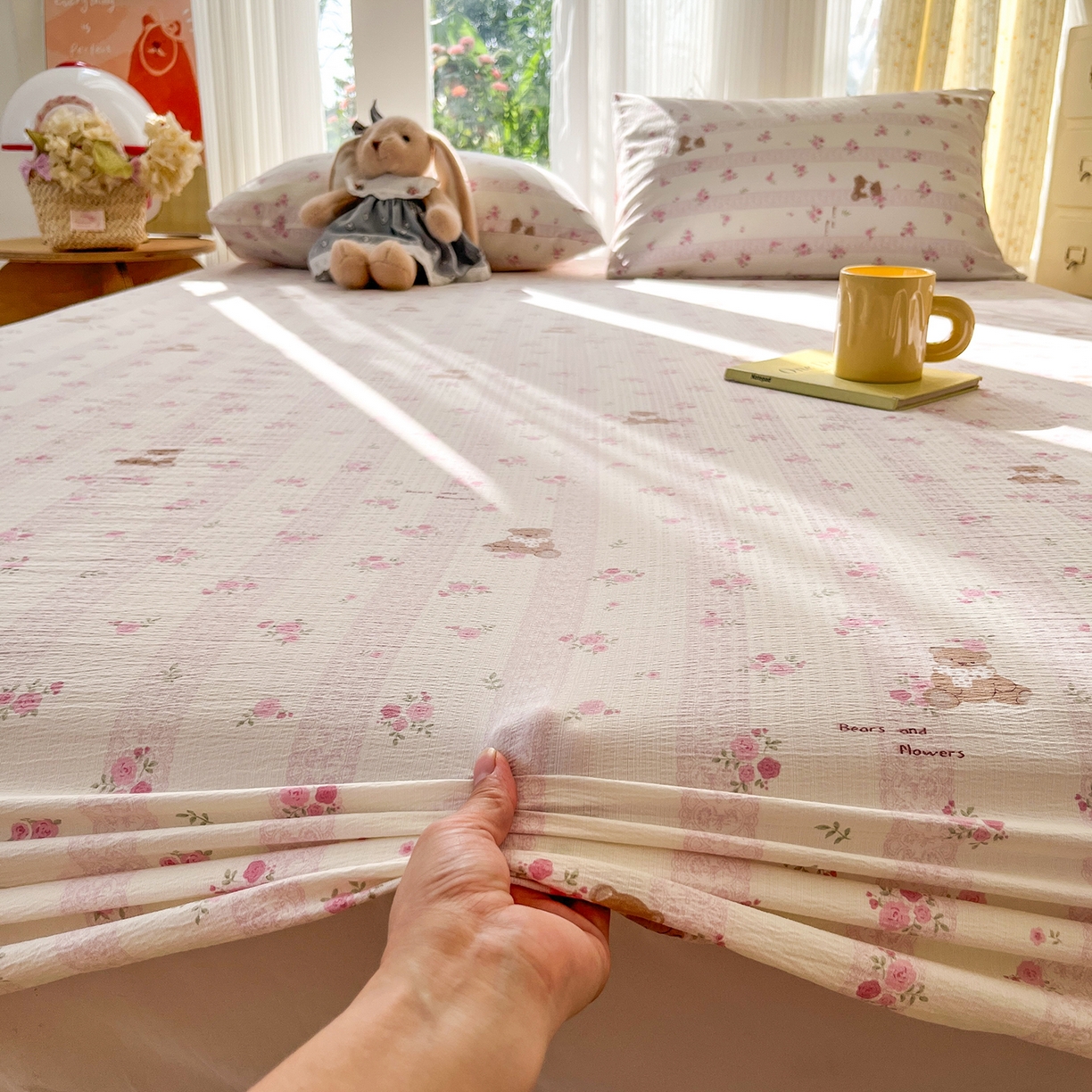 91家纺网 家纺一手货源 找家纺 沐芷 2026 【提供买家秀】双层纱A类床笠单件/床笠三件套  床笠款床罩床垫保护套罩 玫瑰熊