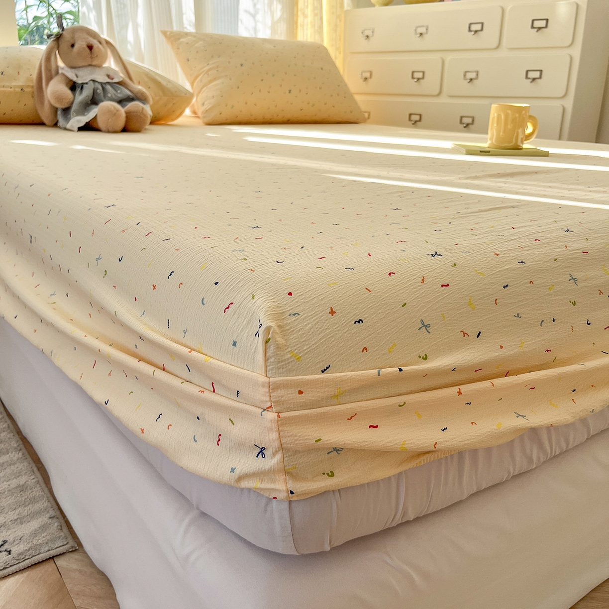 91家纺网 家纺一手货源 找家纺 沐芷 2026 【提供买家秀】双层纱A类床笠单件/床笠三件套  床笠款床罩床垫保护套罩 冰淇淋