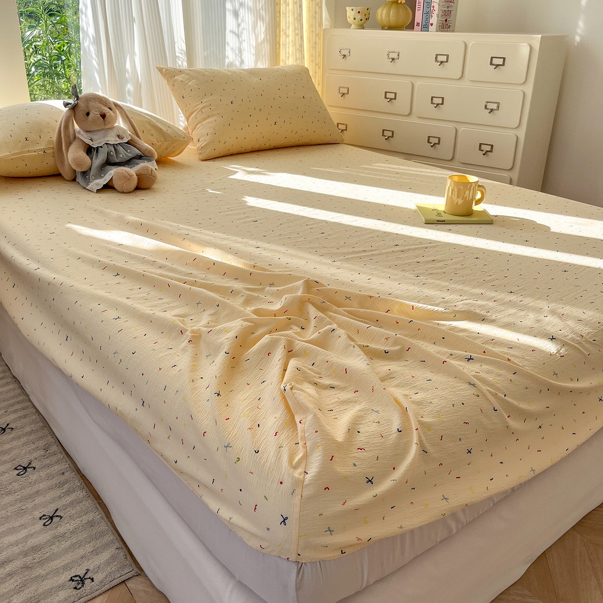 91家纺网 家纺一手货源 找家纺 沐芷 2026 【提供买家秀】双层纱A类床笠单件/床笠三件套  床笠款床罩床垫保护套罩 冰淇淋