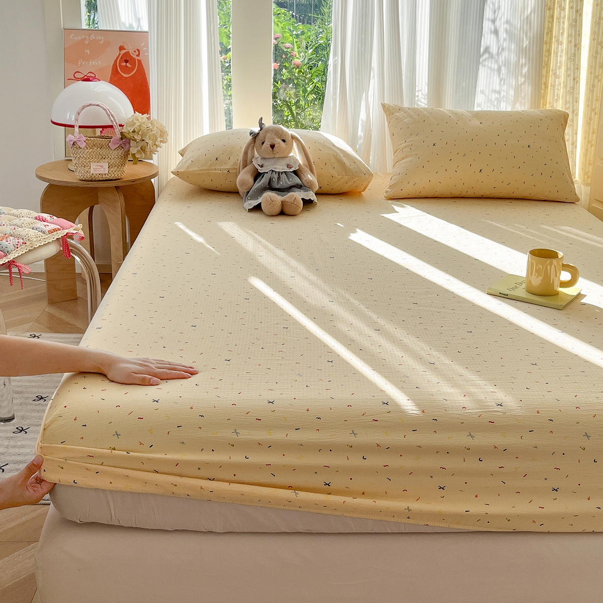 91家纺网 家纺一手货源 找家纺 沐芷 2026 【提供买家秀】双层纱A类床笠单件/床笠三件套  床笠款床罩床垫保护套罩 冰淇淋