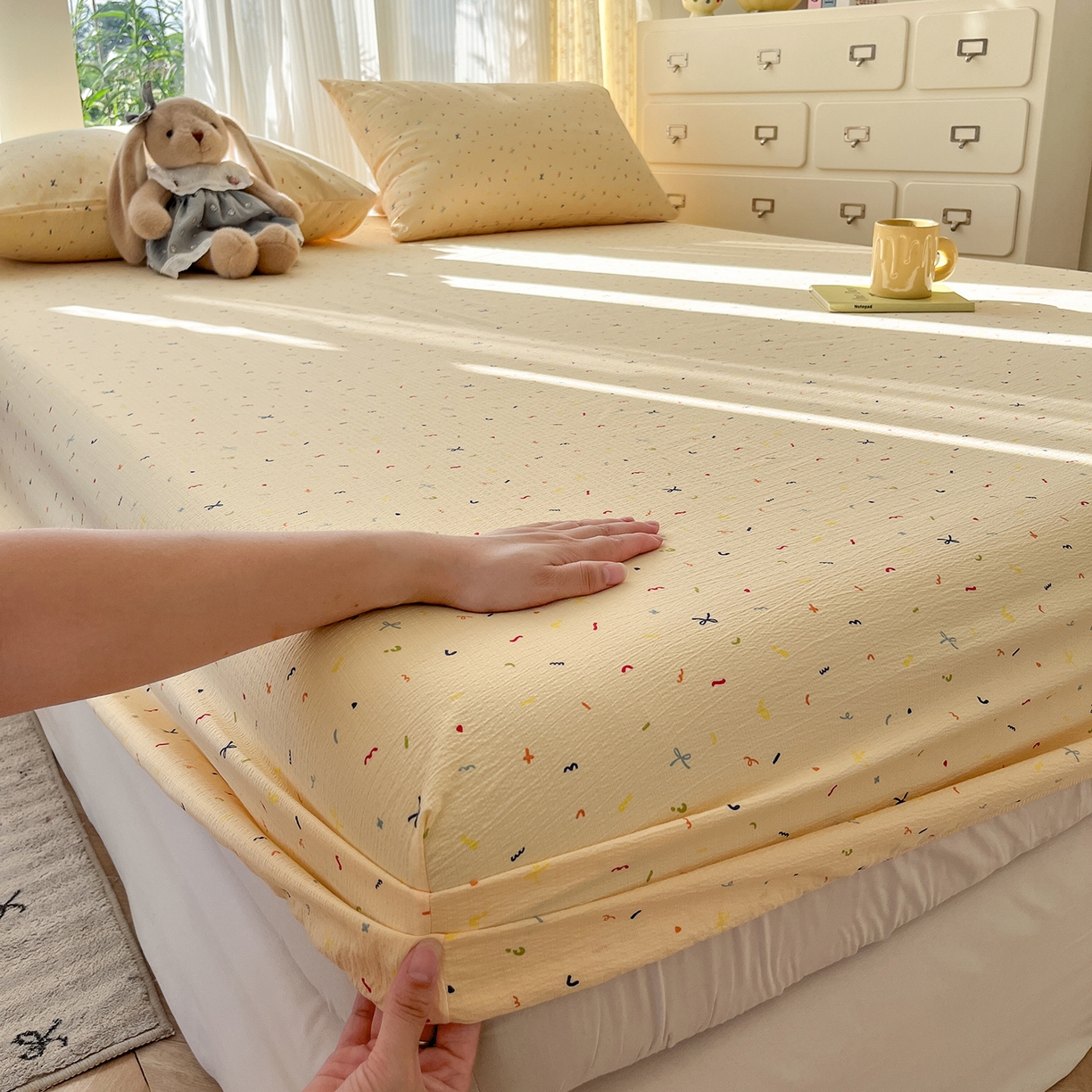 91家纺网 家纺一手货源 找家纺 沐芷 2026 【提供买家秀】双层纱A类床笠单件/床笠三件套  床笠款床罩床垫保护套罩 冰淇淋