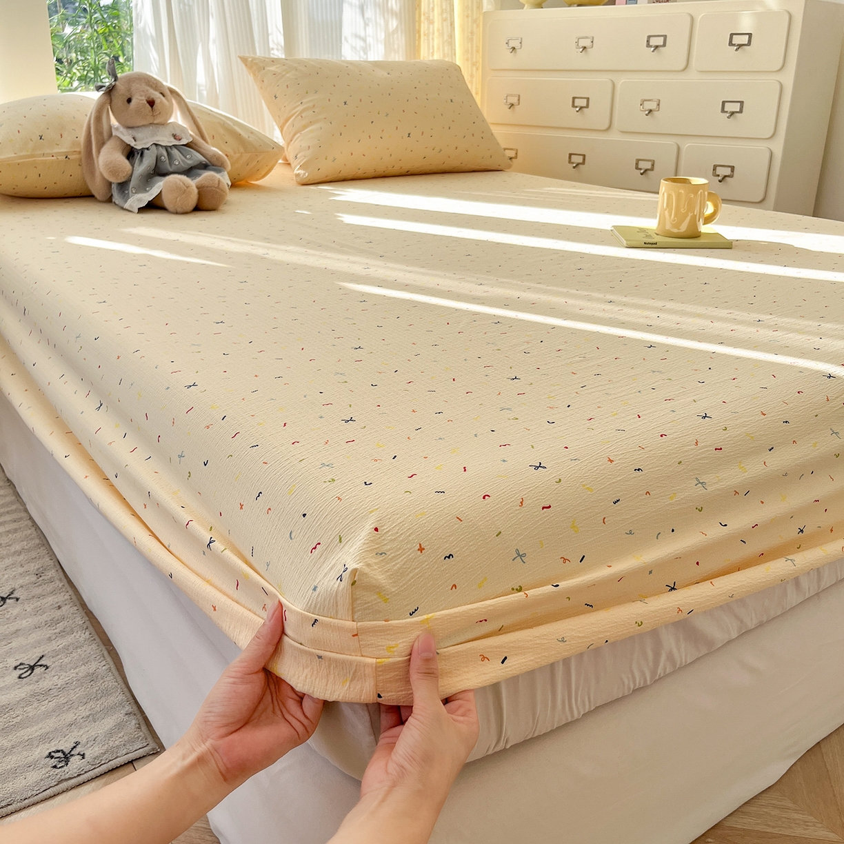 91家纺网 家纺一手货源 找家纺 沐芷 2026 【提供买家秀】双层纱A类床笠单件/床笠三件套  床笠款床罩床垫保护套罩 冰淇淋