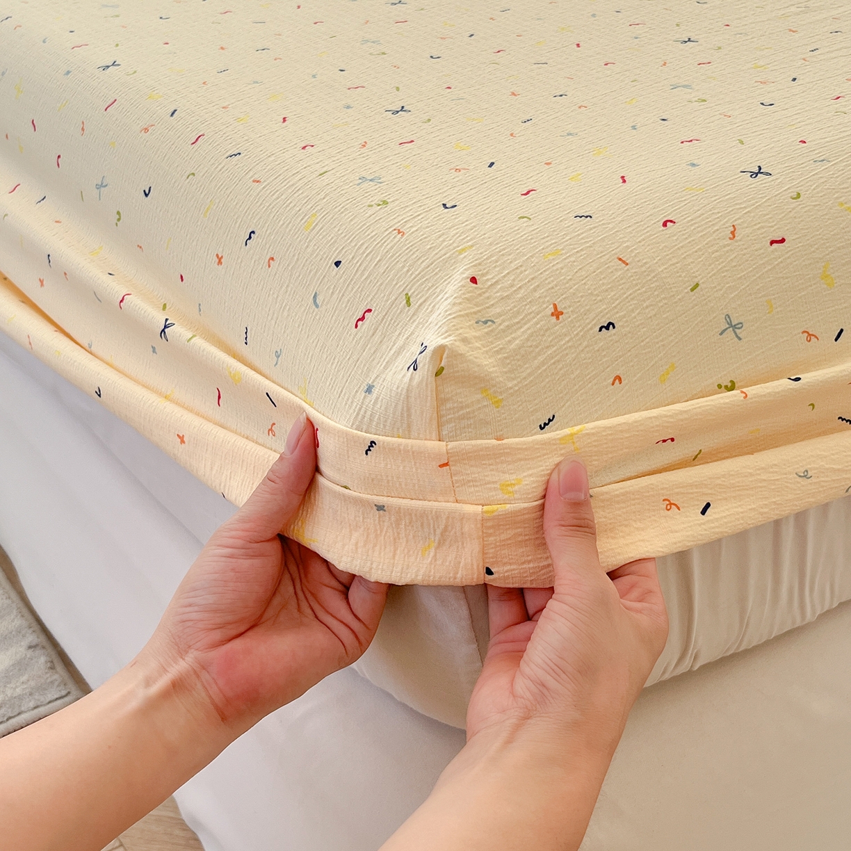 91家纺网 家纺一手货源 找家纺 沐芷 2026 【提供买家秀】双层纱A类床笠单件/床笠三件套  床笠款床罩床垫保护套罩 冰淇淋