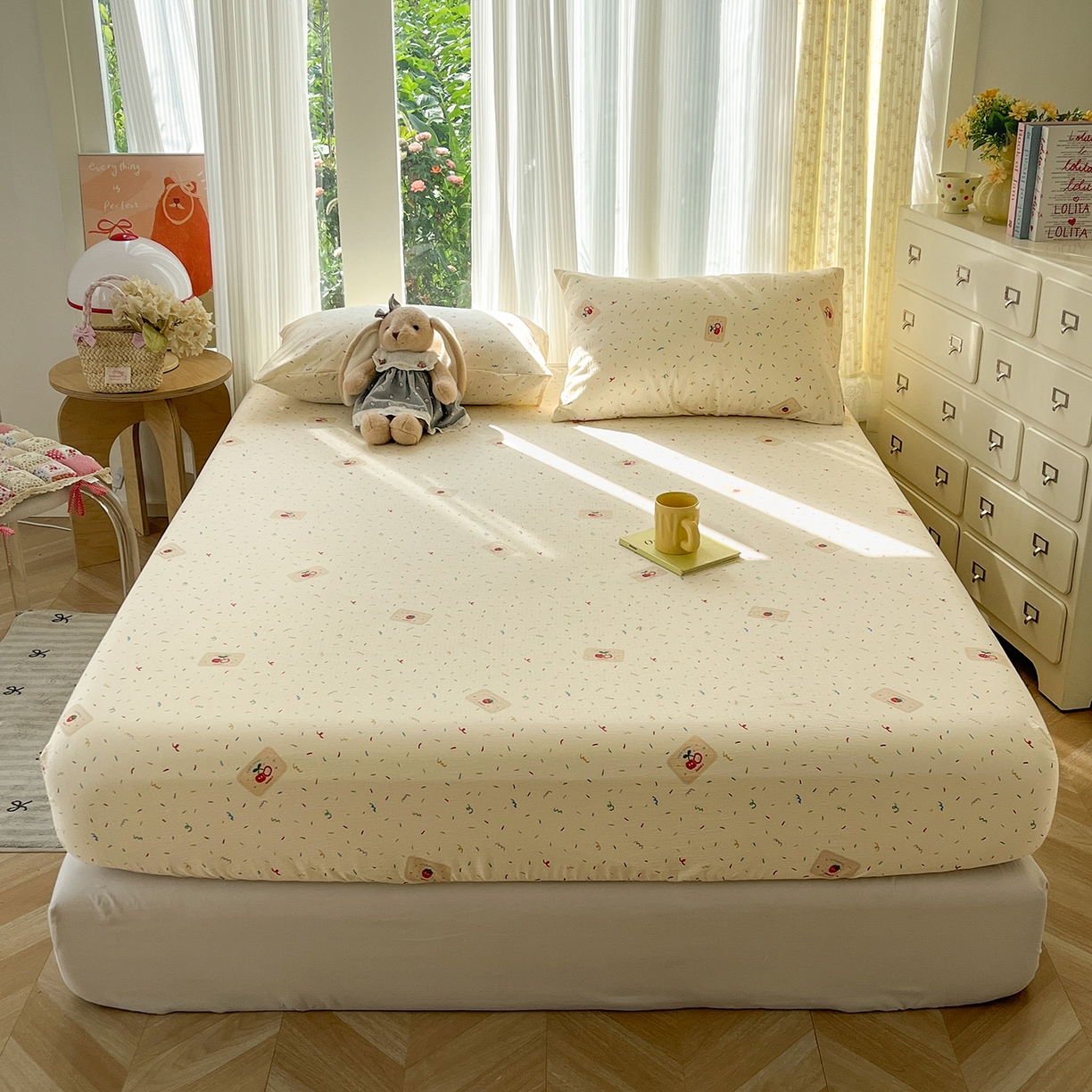 91家纺网 家纺一手货源 找家纺 沐芷 2026 【提供买家秀】双层纱A类床笠单件/床笠三件套  床笠款床罩床垫保护套罩 草莓糖霜