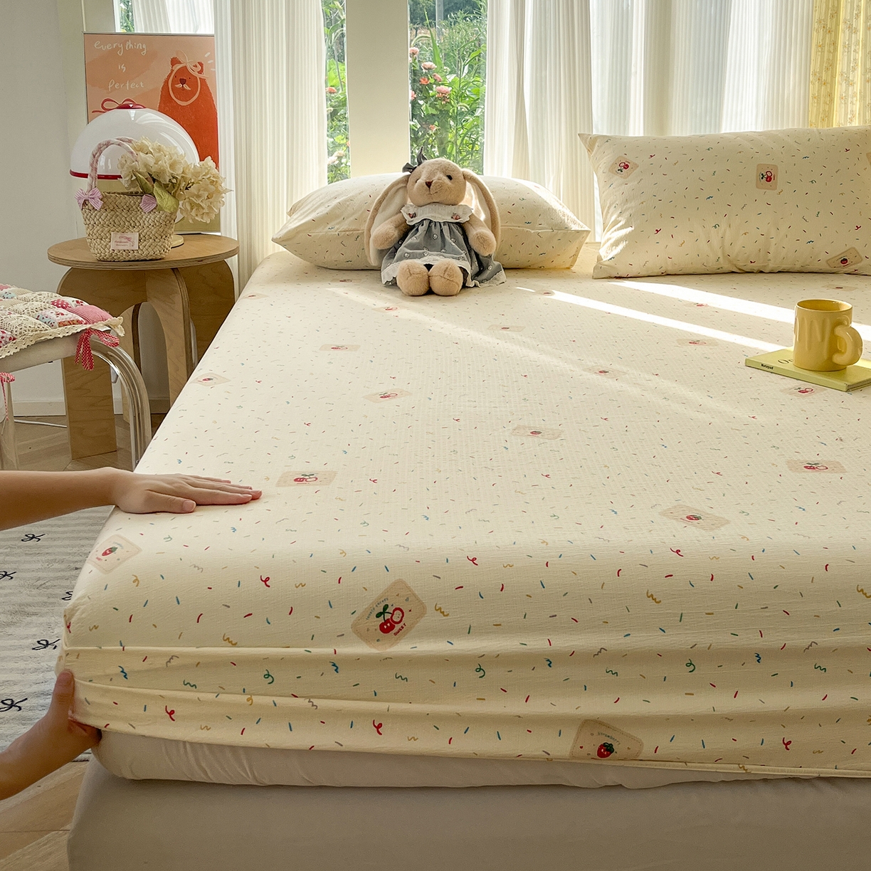 91家纺网 家纺一手货源 找家纺 沐芷 2026 【提供买家秀】双层纱A类床笠单件/床笠三件套  床笠款床罩床垫保护套罩 草莓糖霜