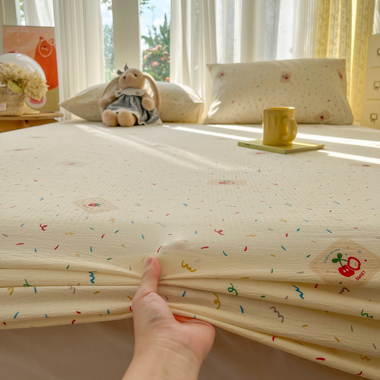 91家纺网 家纺一手货源 找家纺 沐芷 2026 【提供买家秀】双层纱A类床笠单件/床笠三件套  床笠款床罩床垫保护套罩 草莓糖霜