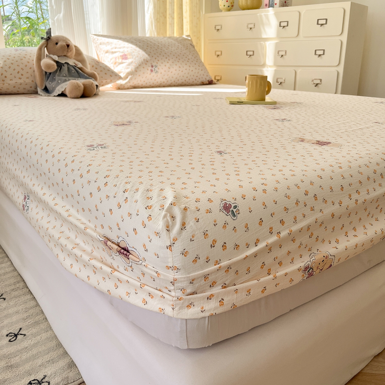 91家纺网 家纺一手货源 找家纺 沐芷 2026 【提供买家秀】双层纱A类床笠单件/床笠三件套  床笠款床罩床垫保护套罩 春日小熊