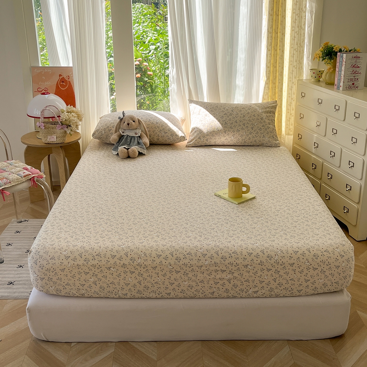 91家纺网 家纺一手货源 找家纺 沐芷 2026 【提供买家秀】双层纱A类床笠单件/床笠三件套  床笠款床罩床垫保护套罩 花园兔