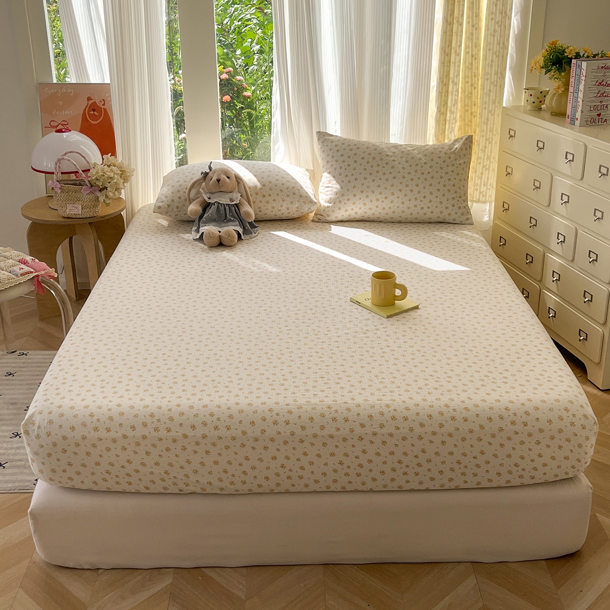 91家纺网 家纺一手货源 找家纺 沐芷 2026 【提供买家秀】双层纱A类床笠单件/床笠三件套  床笠款床罩床垫保护套罩 橘子海