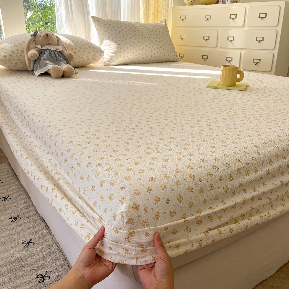 91家纺网 家纺一手货源 找家纺 沐芷 2026 【提供买家秀】双层纱A类床笠单件/床笠三件套  床笠款床罩床垫保护套罩 橘子海