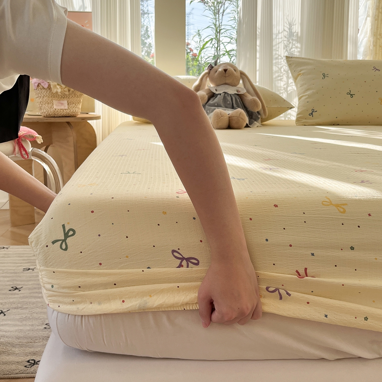 91家纺网 家纺一手货源 找家纺 沐芷 2026 【提供买家秀】双层纱A类床笠单件/床笠三件套  床笠款床罩床垫保护套罩 蜡笔画