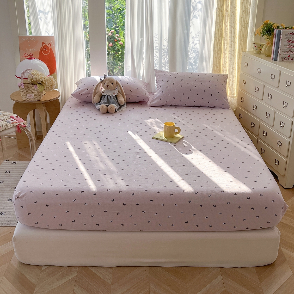 91家纺网 家纺一手货源 找家纺 沐芷 2026 【提供买家秀】双层纱A类床笠单件/床笠三件套  床笠款床罩床垫保护套罩 小紫情调