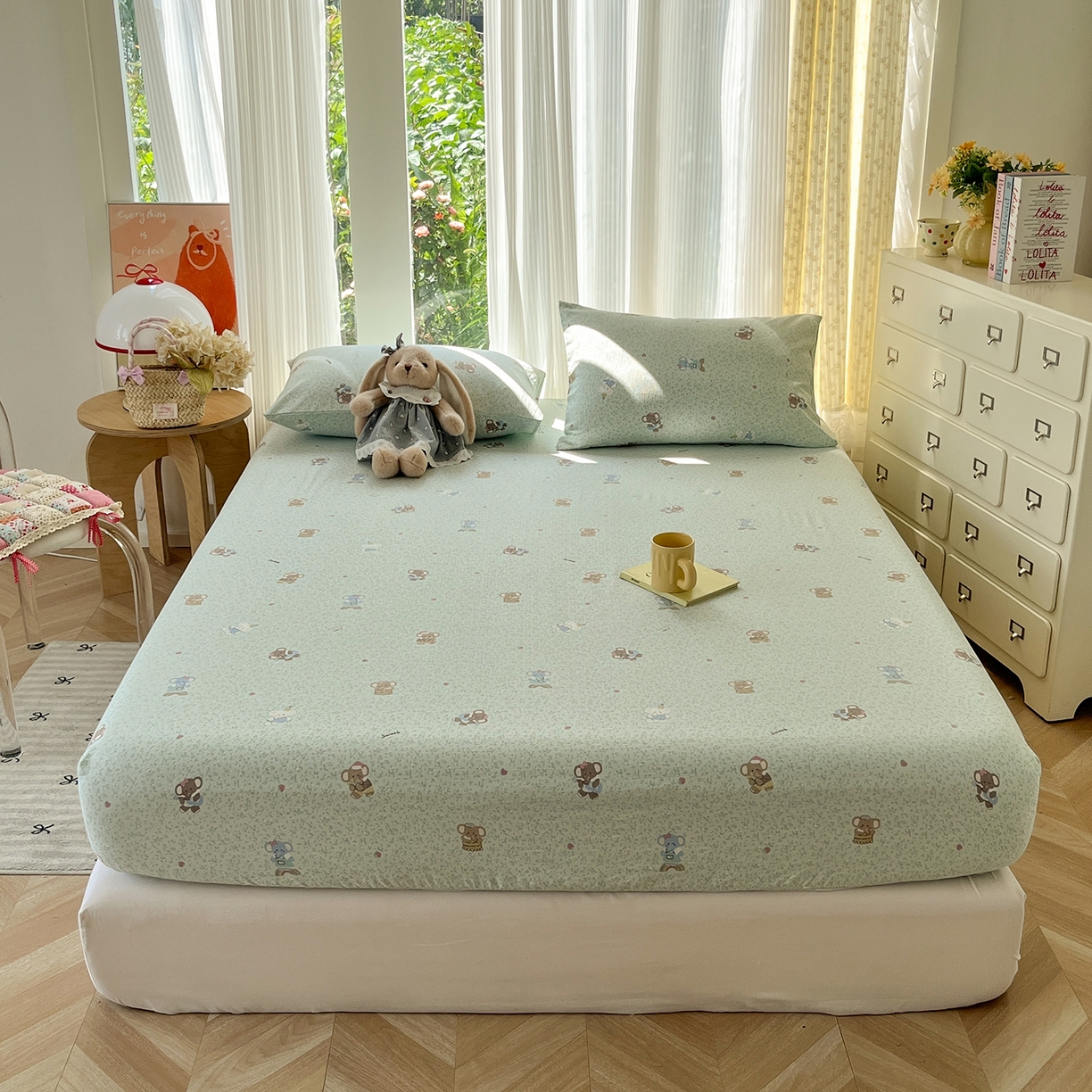 91家纺网 家纺一手货源 找家纺 沐芷 2026 【提供买家秀】双层纱A类床笠单件/床笠三件套  床笠款床罩床垫保护套罩 幸运小象