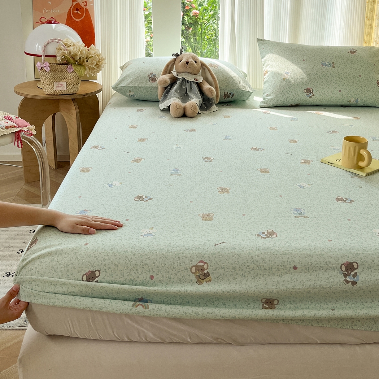 91家纺网 家纺一手货源 找家纺 沐芷 2026 【提供买家秀】双层纱A类床笠单件/床笠三件套  床笠款床罩床垫保护套罩 幸运小象