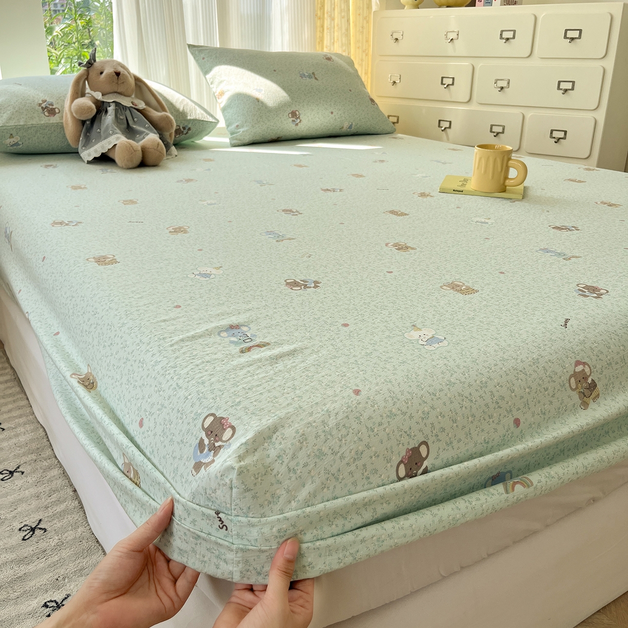 91家纺网 家纺一手货源 找家纺 沐芷 2026 【提供买家秀】双层纱A类床笠单件/床笠三件套  床笠款床罩床垫保护套罩 幸运小象