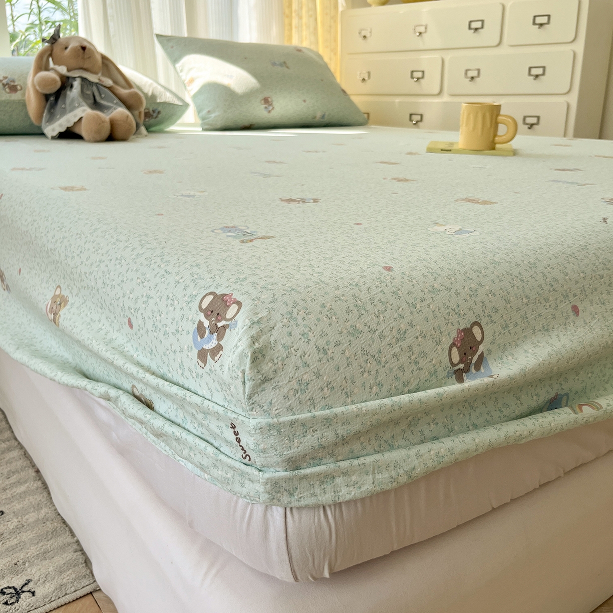 91家纺网 家纺一手货源 找家纺 沐芷 2026 【提供买家秀】双层纱A类床笠单件/床笠三件套  床笠款床罩床垫保护套罩 幸运小象