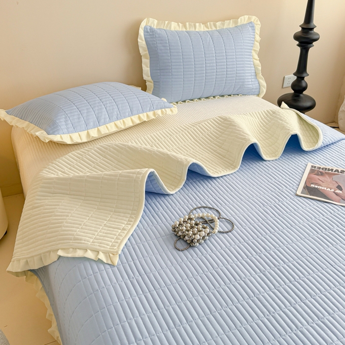 91家纺网 家纺一手货源 找家纺 妮可 2026新款绗缝多功能四季款花边单床盖床盖单件单品床盖 冰湖蓝