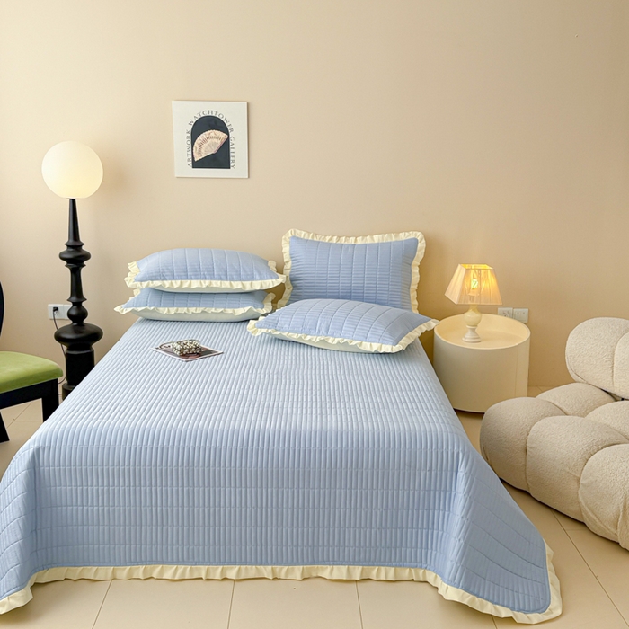 91家纺网 家纺一手货源 找家纺 妮可 2026新款绗缝多功能四季款花边单床盖床盖单件单品床盖 冰湖蓝