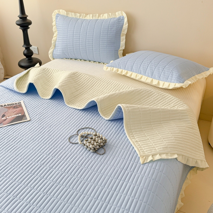 91家纺网 家纺一手货源 找家纺 妮可 2026新款绗缝多功能四季款花边单床盖床盖单件单品床盖 冰湖蓝