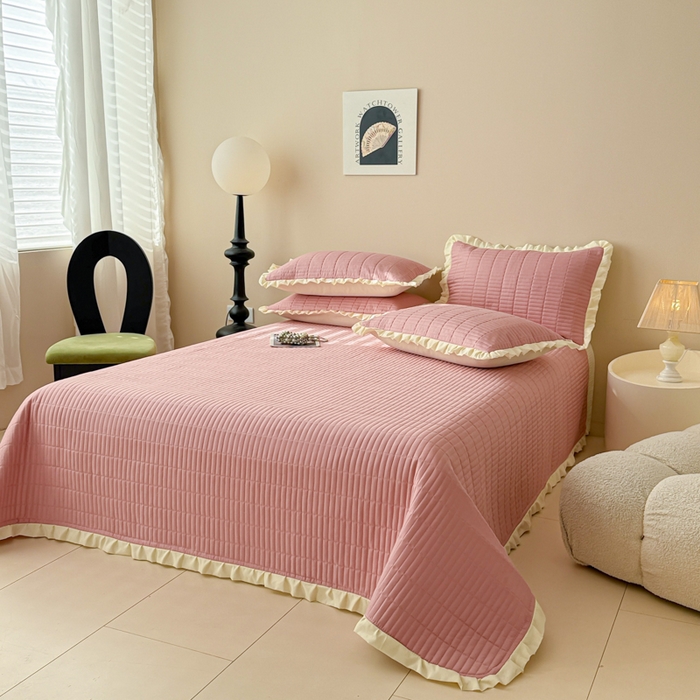 91家纺网 家纺一手货源 找家纺 妮可 2026新款绗缝多功能四季款花边单床盖床盖单件单品床盖 豆豆沙