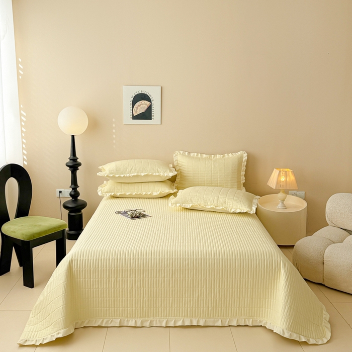 91家纺网 家纺一手货源 找家纺 妮可 2026新款绗缝多功能四季款花边单床盖床盖单件单品床盖 奶油黄