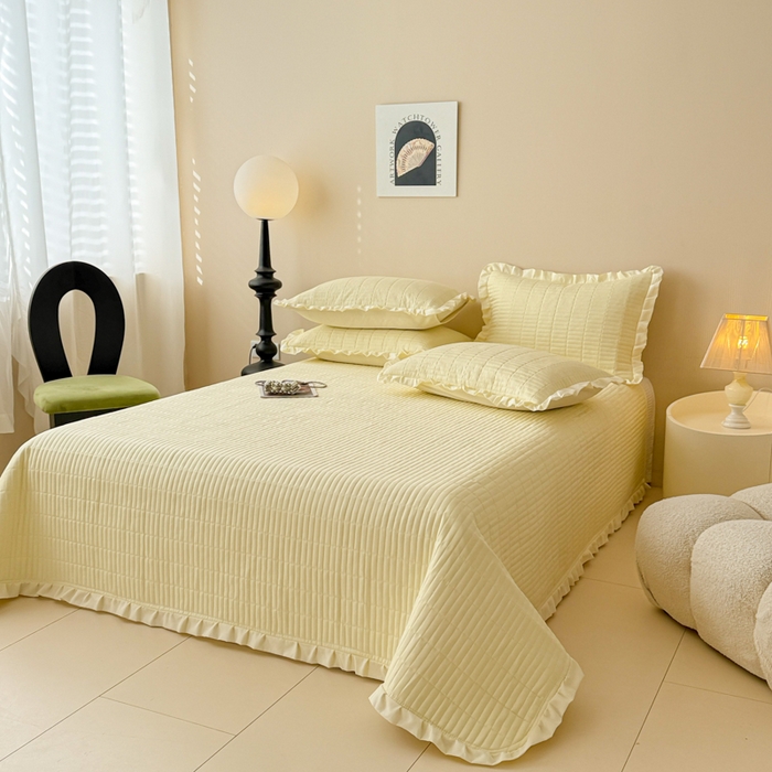 91家纺网 家纺一手货源 找家纺 妮可 2026新款绗缝多功能四季款花边单床盖床盖单件单品床盖 奶油黄