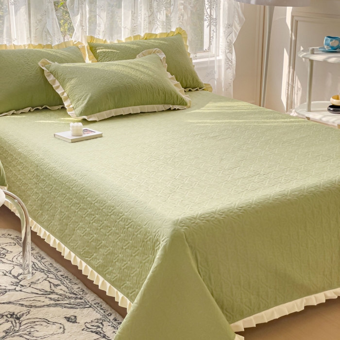 妮可 2026新款全棉纯棉绗缝多功能四季款荷叶边单床盖床盖单件单品床盖 青草绿