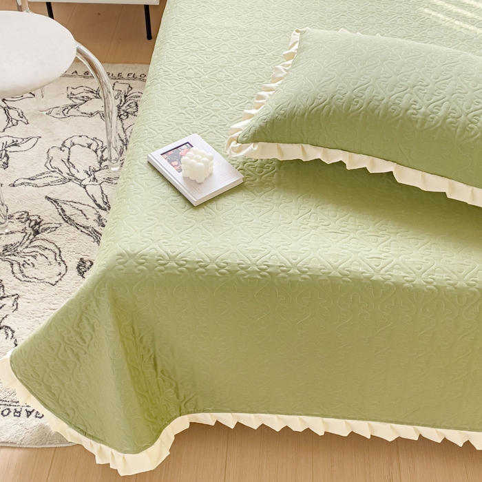 91家纺网 家纺一手货源 找家纺 妮可 2026新款全棉纯棉绗缝多功能四季款荷叶边单床盖床盖单件单品床盖 青草绿