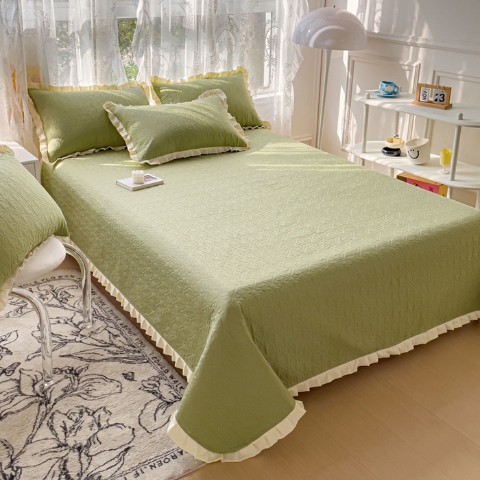 91家纺网 家纺一手货源 找家纺 妮可 2026新款全棉纯棉绗缝多功能四季款荷叶边单床盖床盖单件单品床盖 青草绿