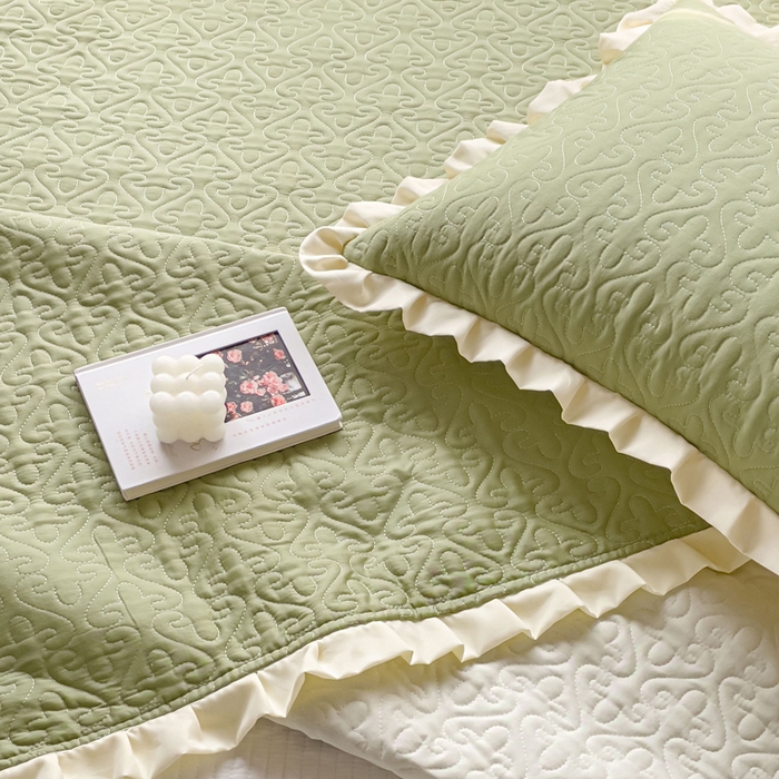 91家纺网 家纺一手货源 找家纺 妮可 2026新款全棉纯棉绗缝多功能四季款荷叶边单床盖床盖单件单品床盖 青草绿