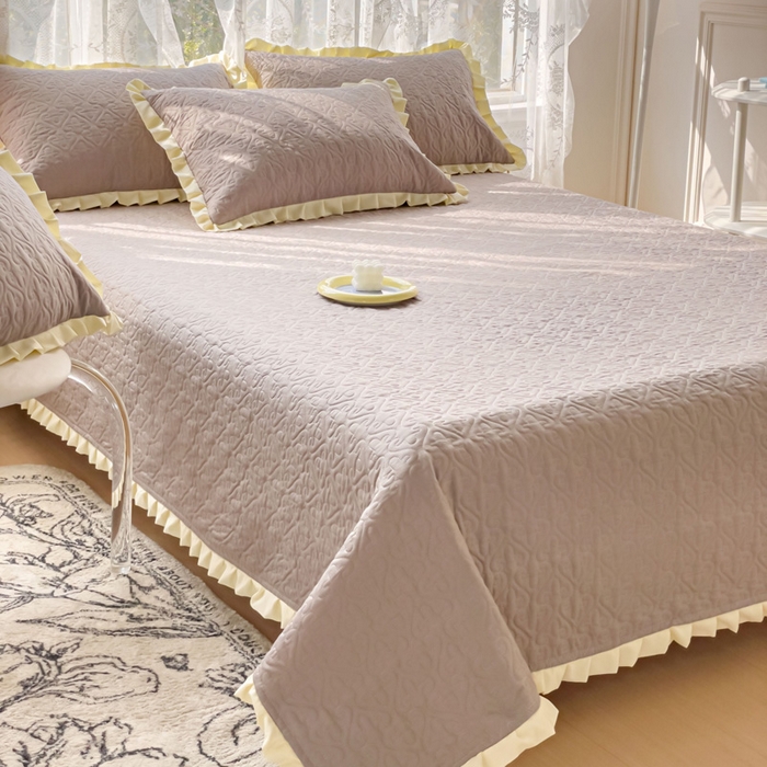 妮可 2026新款全棉纯棉绗缝多功能四季款荷叶边单床盖床盖单件单品床盖 轻奢灰