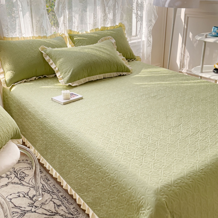 91家纺网 家纺一手货源 找家纺 妮可 2026新款全棉纯棉绗缝多功能四季款荷叶边单床盖床盖单件单品床盖 青草绿