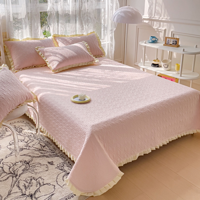 妮可 2026新款全棉纯棉绗缝多功能四季款荷叶边单床盖床盖单件单品床盖 春日粉