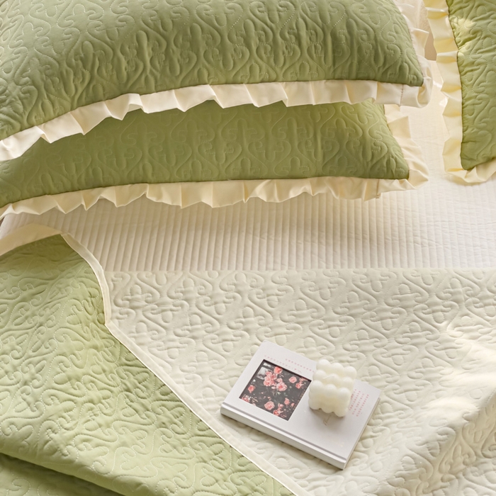 91家纺网 家纺一手货源 找家纺 妮可 2026新款全棉纯棉绗缝多功能四季款荷叶边单床盖床盖单件单品床盖 青草绿