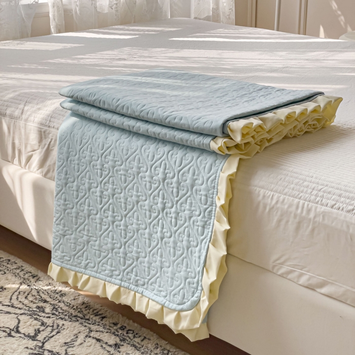 91家纺网 家纺一手货源 找家纺 妮可 2026新款全棉纯棉绗缝多功能四季款荷叶边单床盖床盖单件单品床盖 浅水蓝