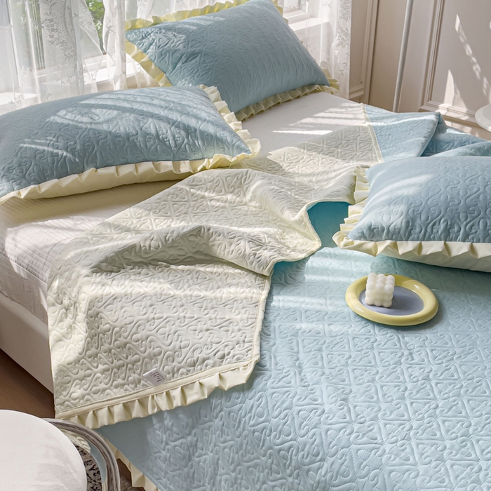91家纺网 家纺一手货源 找家纺 妮可 2026新款全棉纯棉绗缝多功能四季款荷叶边单床盖床盖单件单品床盖 浅水蓝