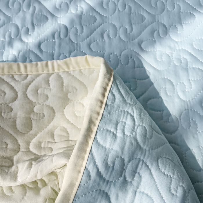 91家纺网 家纺一手货源 找家纺 妮可 2026新款全棉纯棉绗缝多功能四季款荷叶边单床盖床盖单件单品床盖 浅水蓝