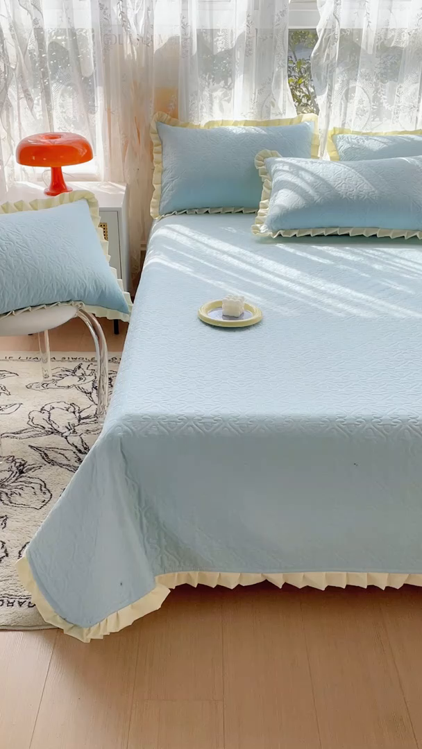 91家纺网 家纺一手货源 找家纺 妮可 2026新款全棉纯棉绗缝多功能四季款荷叶边单床盖床盖单件单品床盖 浅水蓝