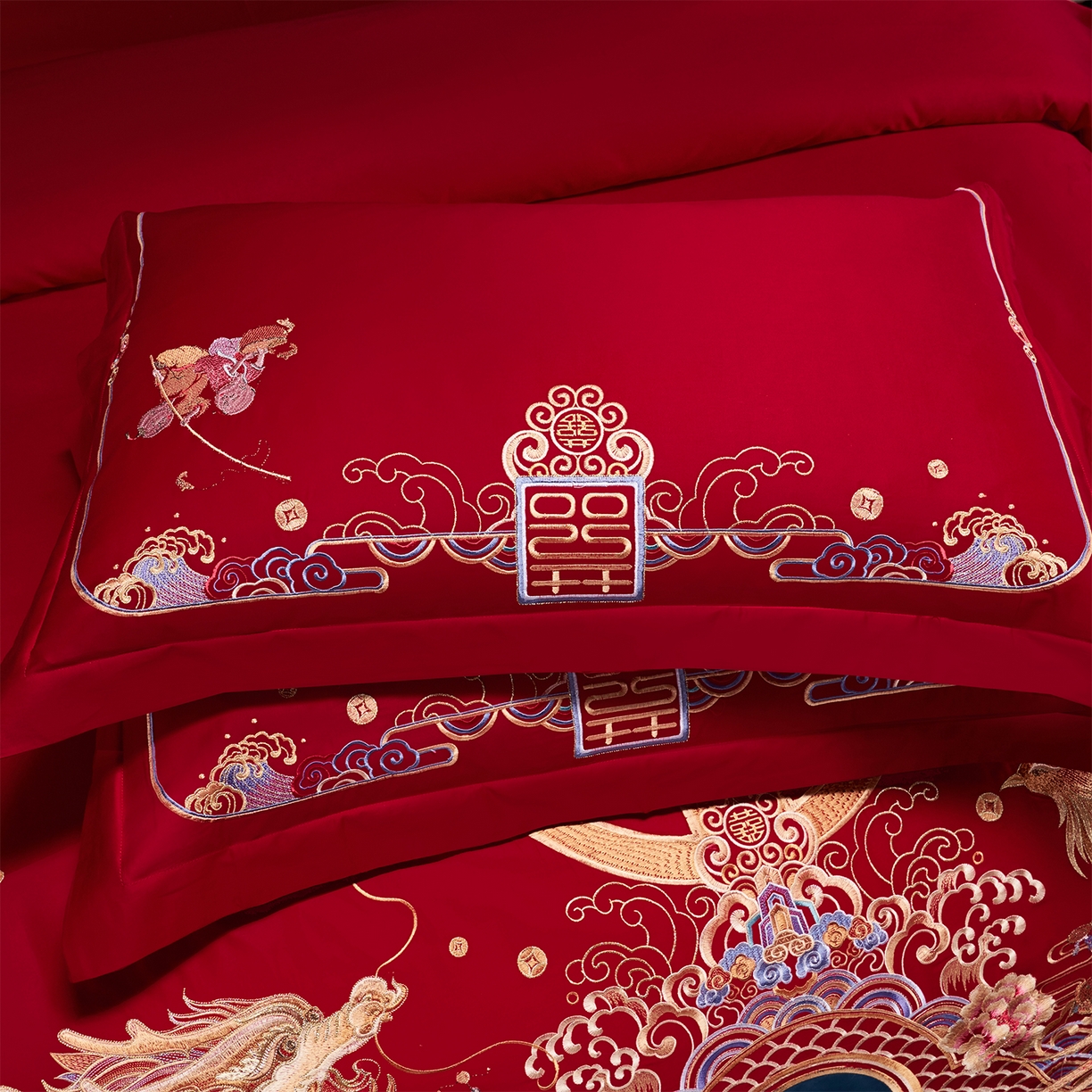 91家纺网 家纺一手货源 找家纺 芊囍纺 2026新款双面长绒棉高端婚庆提花重工刺绣四件套多件套系列 龙凤百子