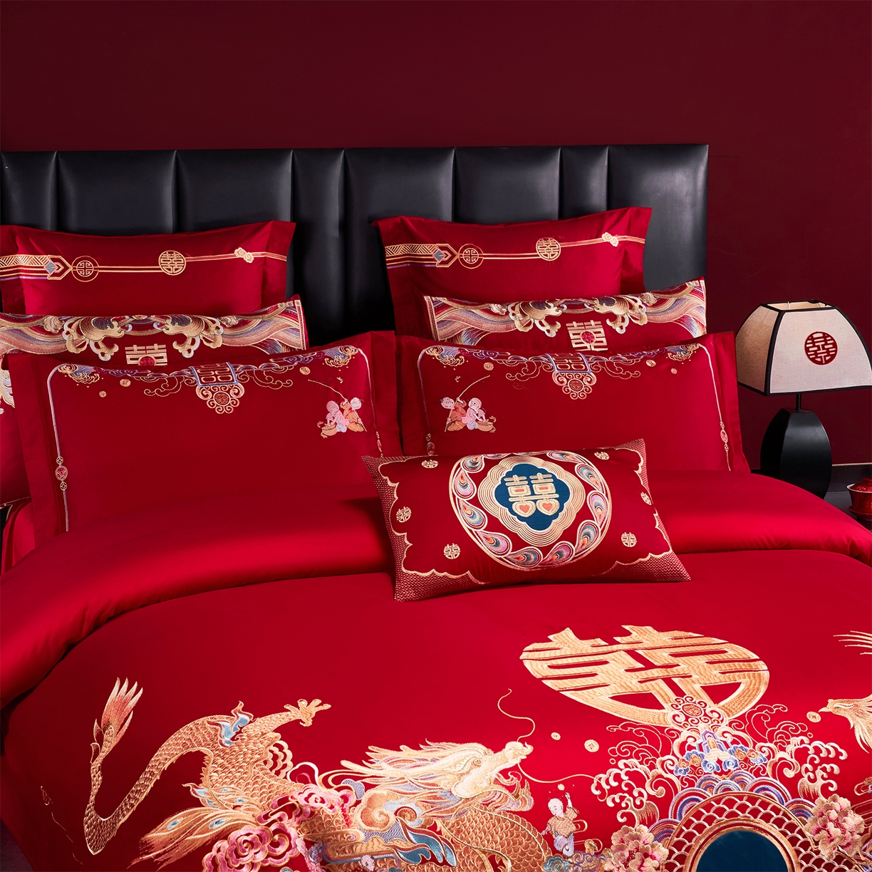 91家纺网 家纺一手货源 找家纺 芊囍纺 2026新款双面长绒棉高端婚庆提花重工刺绣四件套多件套系列 龙凤百子