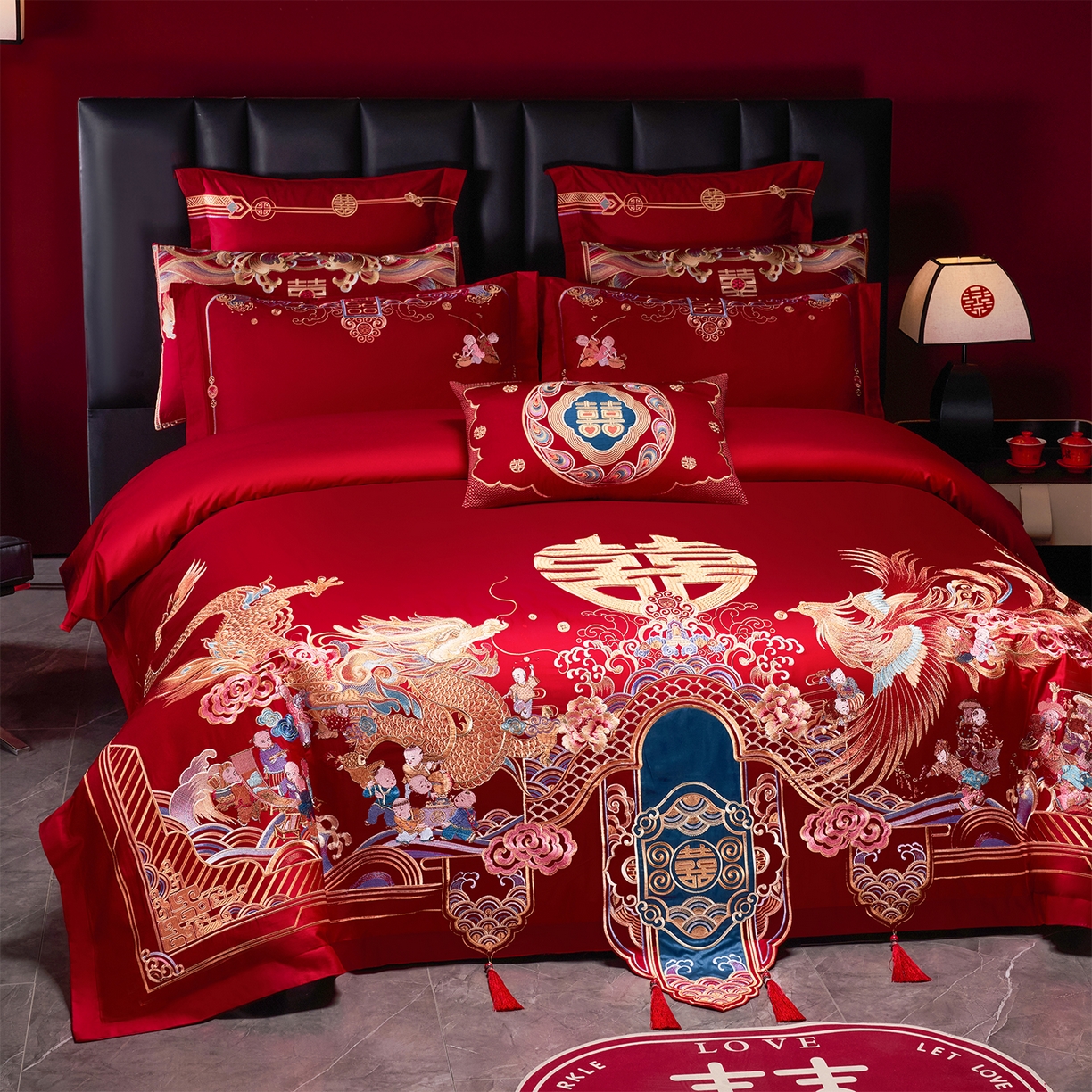 91家纺网 家纺一手货源 找家纺 芊囍纺 2026新款双面长绒棉高端婚庆提花重工刺绣四件套多件套系列 龙凤百子