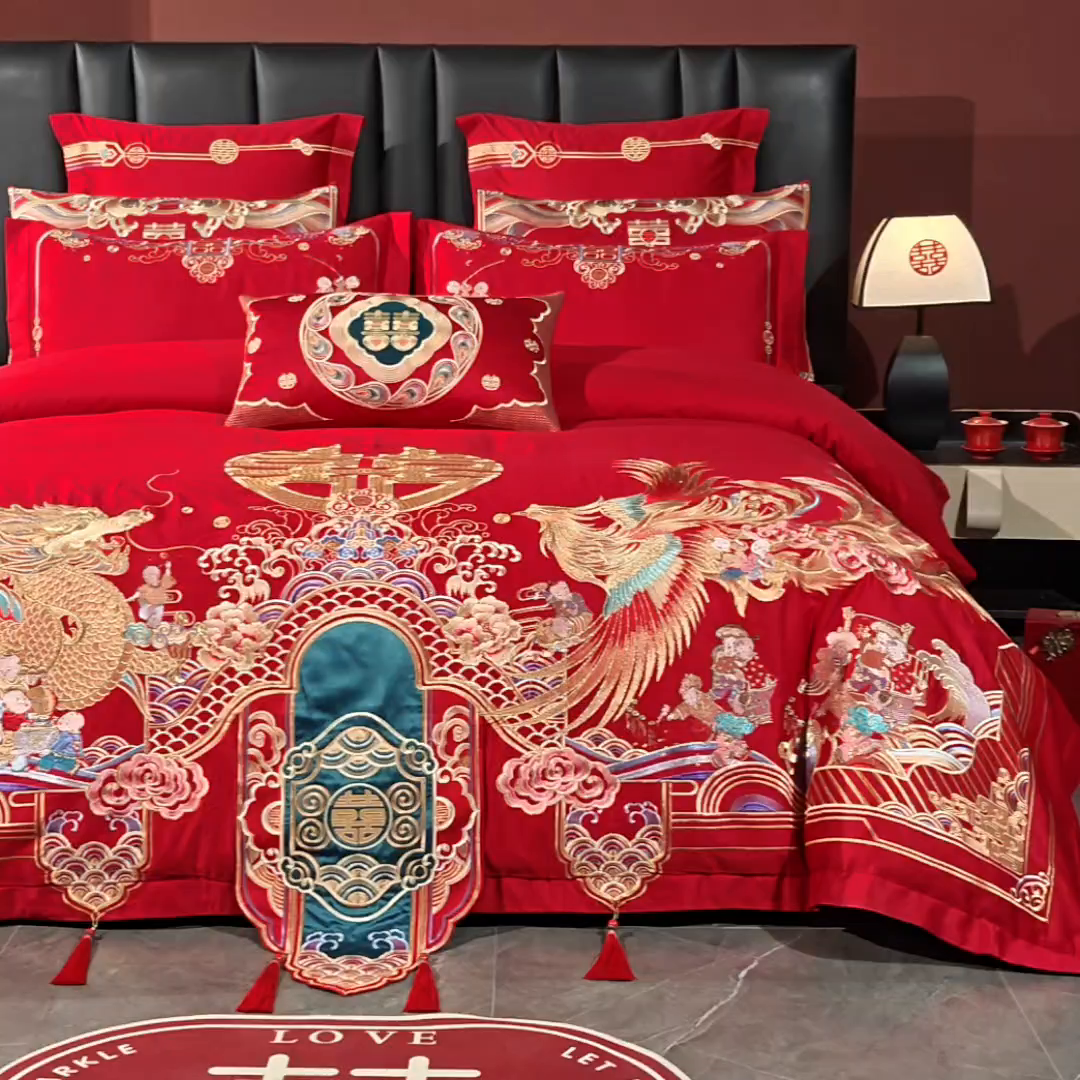 91家纺网 家纺一手货源 找家纺 芊囍纺 2026新款双面长绒棉高端婚庆提花重工刺绣四件套多件套系列 龙凤百子